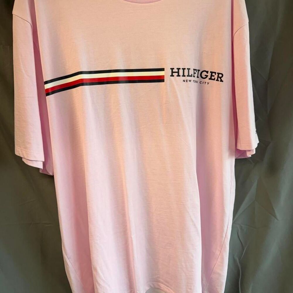 Tommy-hilfiger Men's Pink and White T-shirt